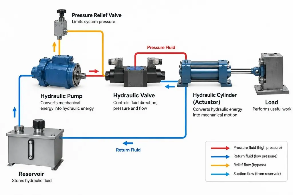 Hydraulic system cycle diagram showing reservoir, hydraulic pump, valve, actuator and load