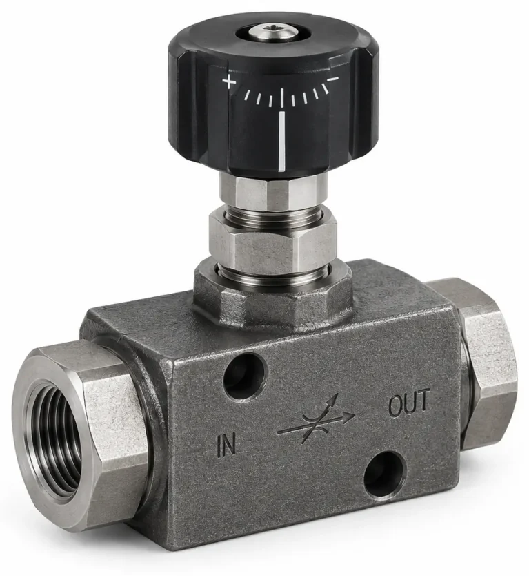 Hydraulic flow control valve with adjustable knob for regulating fluid flow rate