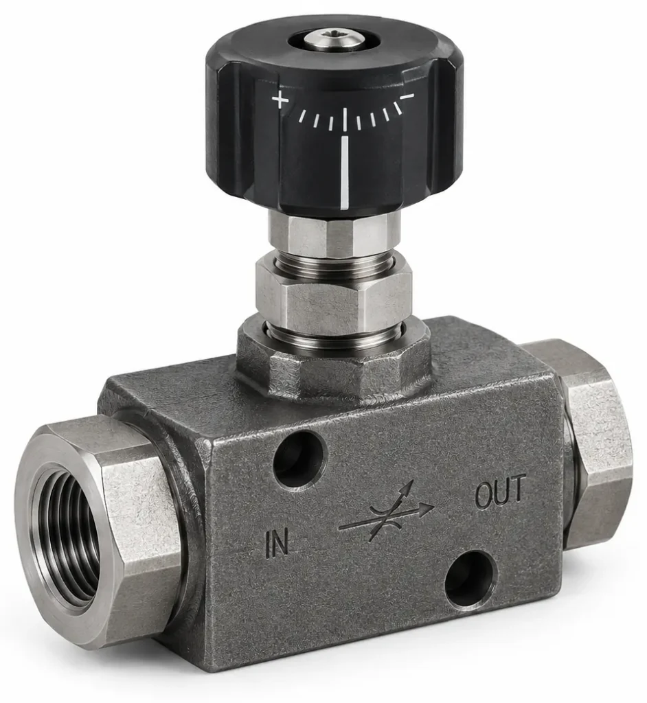 Hydraulic flow control valve with adjustable knob for regulating fluid flow rate