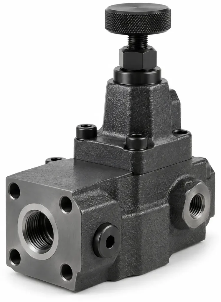 Hydraulic pressure control valve with adjustable pressure setting knob