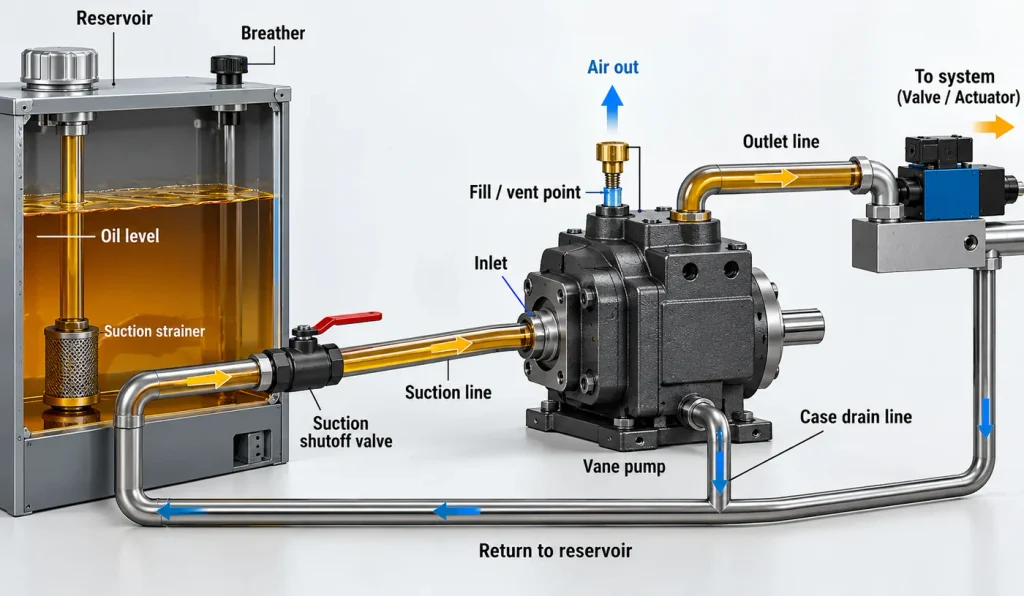 Correct hydraulic vane pump priming setup showing reservoir, suction line, fill point, case drain, and outlet flow