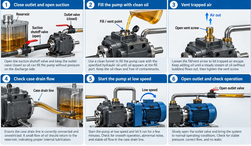 Six-step hydraulic vane pump priming procedure before startup