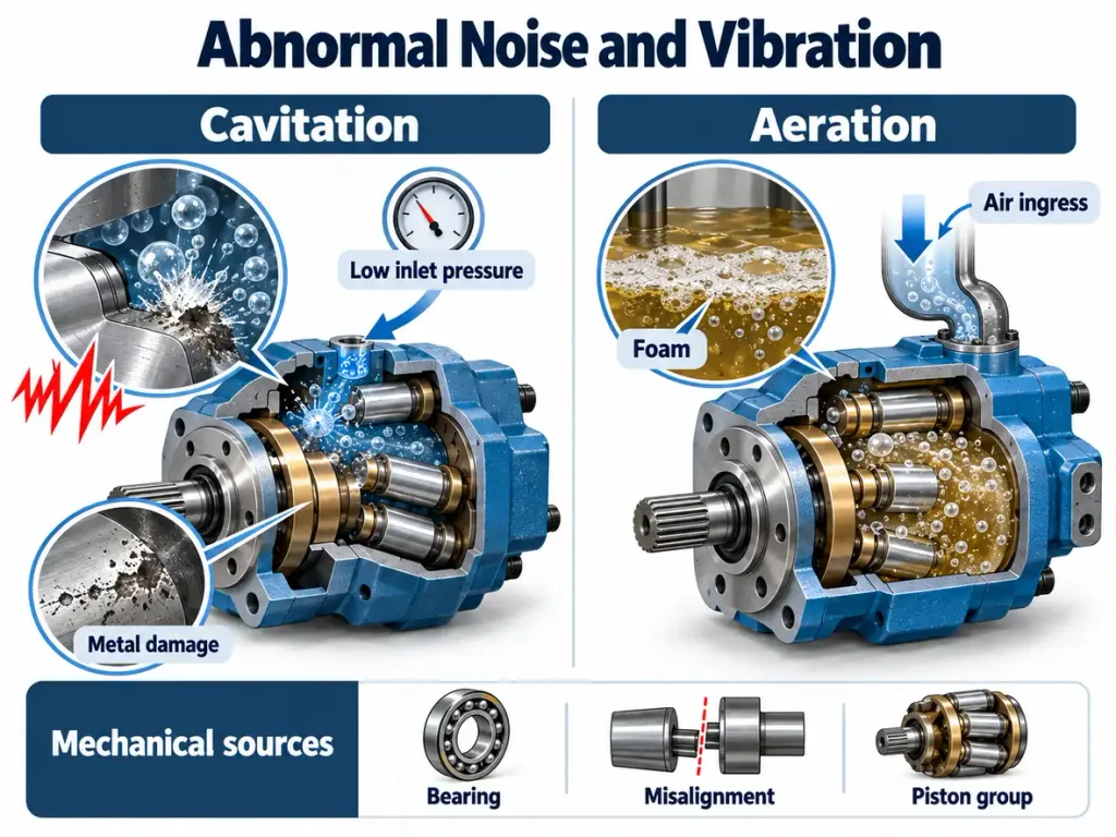 Abnormal noise and vibration causes in a hydraulic piston motor