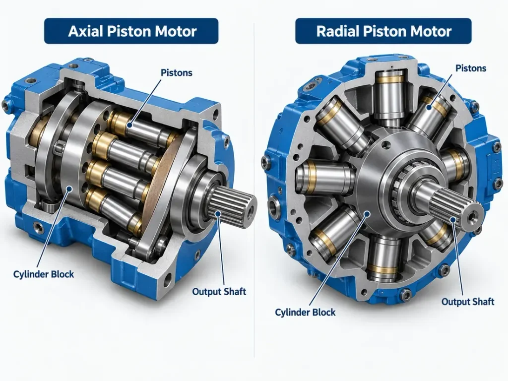 Axial piston motor and radial piston motor cutaway comparison