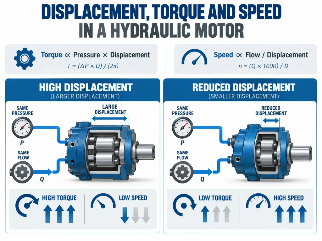 Hydraulic motor displacement torque and speed infographic