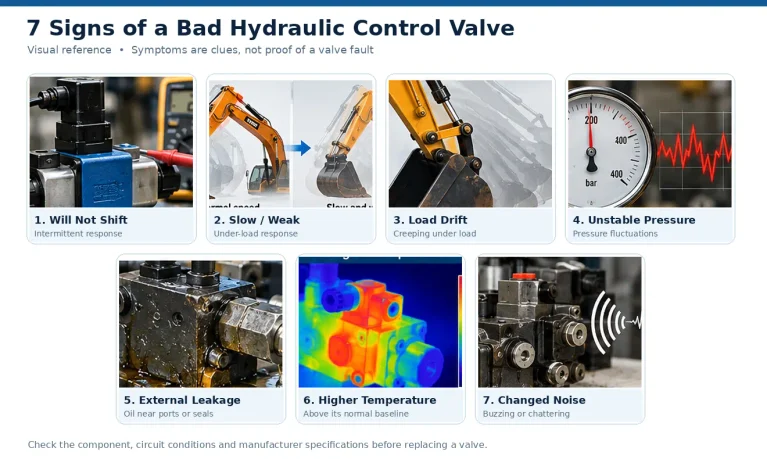 Seven signs of a bad hydraulic control valve: sticking, weak movement, drift, pressure changes, leaks, heat and noise.
