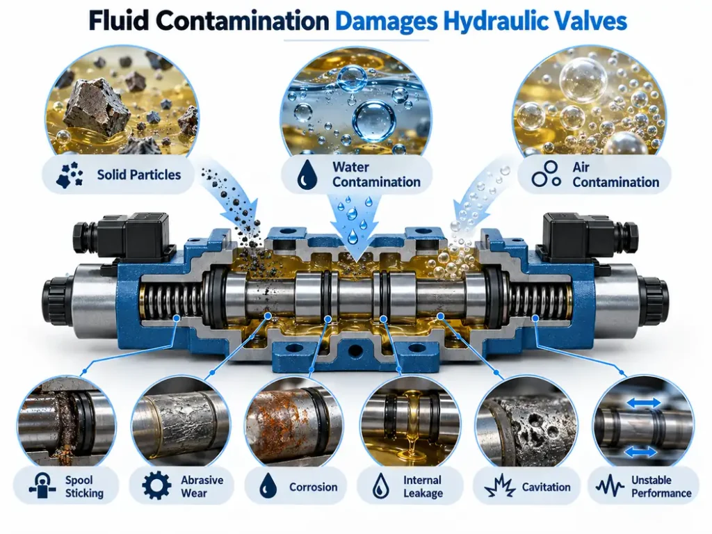 Hydraulic fluid contamination from solid particles, water, and air with damage to valve spools and internal parts.