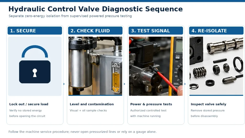 Hydraulic control valve diagnosis sequence: isolate, check fluid, perform controlled tests and re-isolate.