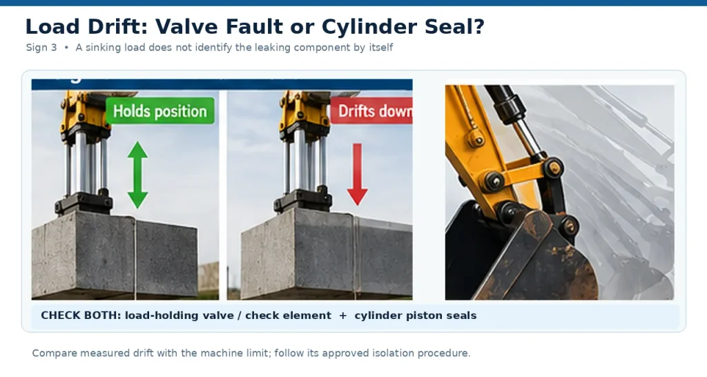Hydraulic load drift compared with a held position, highlighting valve leakage and cylinder seal checks.