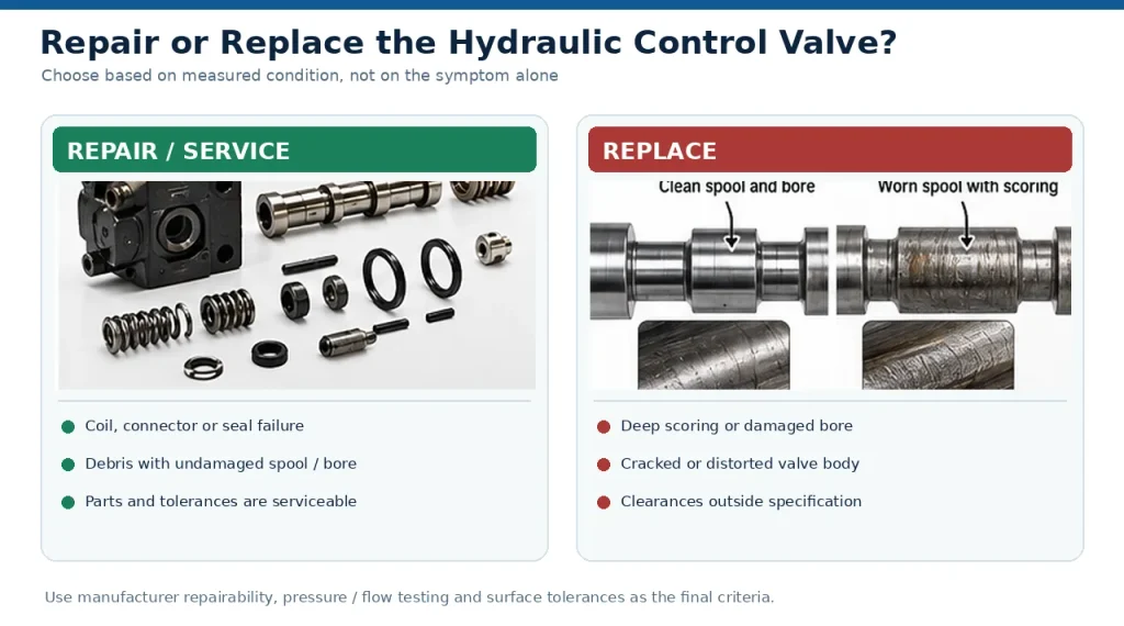 Hydraulic control valve repair versus replacement comparison based on wear, seals, coils and body damage.