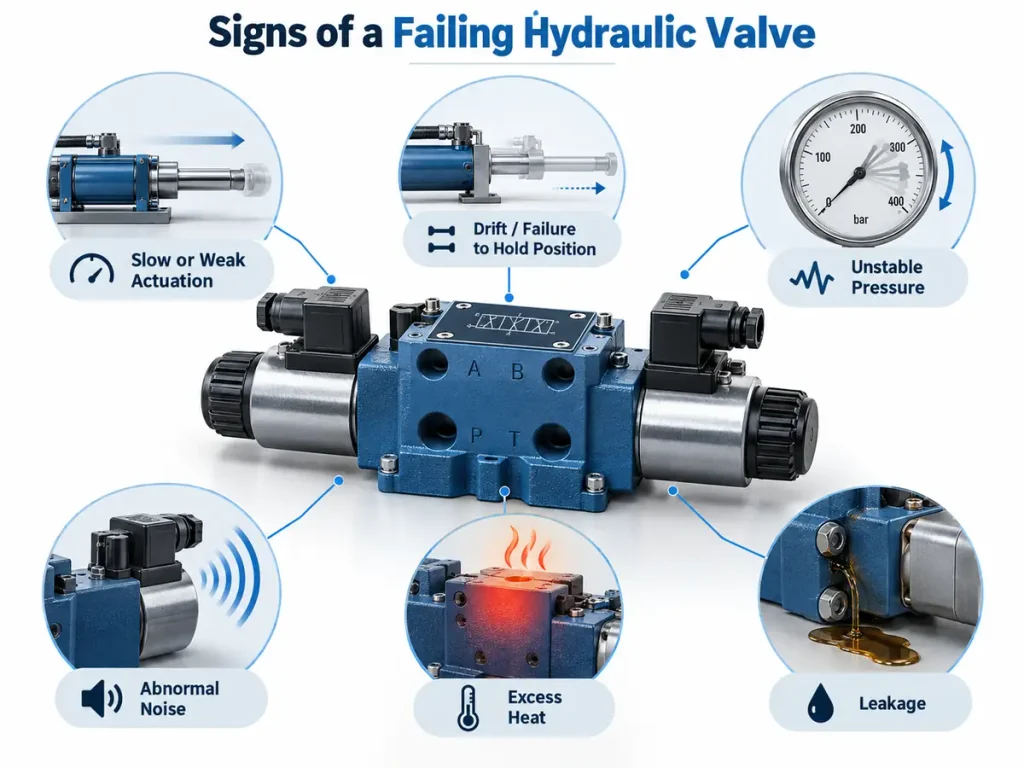 Six hydraulic valve failure symptoms including slow actuation, actuator drift, unstable pressure, abnormal noise, heat, and leakage.