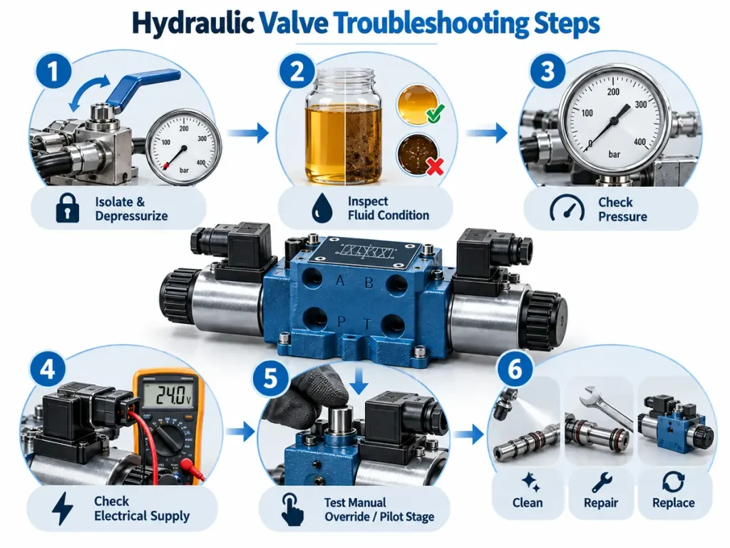 Six-step hydraulic valve troubleshooting workflow with fluid, pressure, electrical, and valve checks.