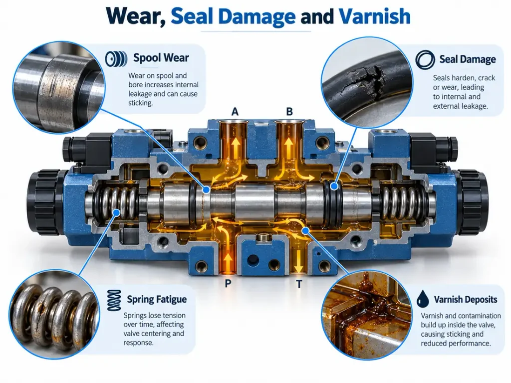 Cutaway hydraulic valve showing spool wear, damaged seals, fatigued springs, and varnish deposits.