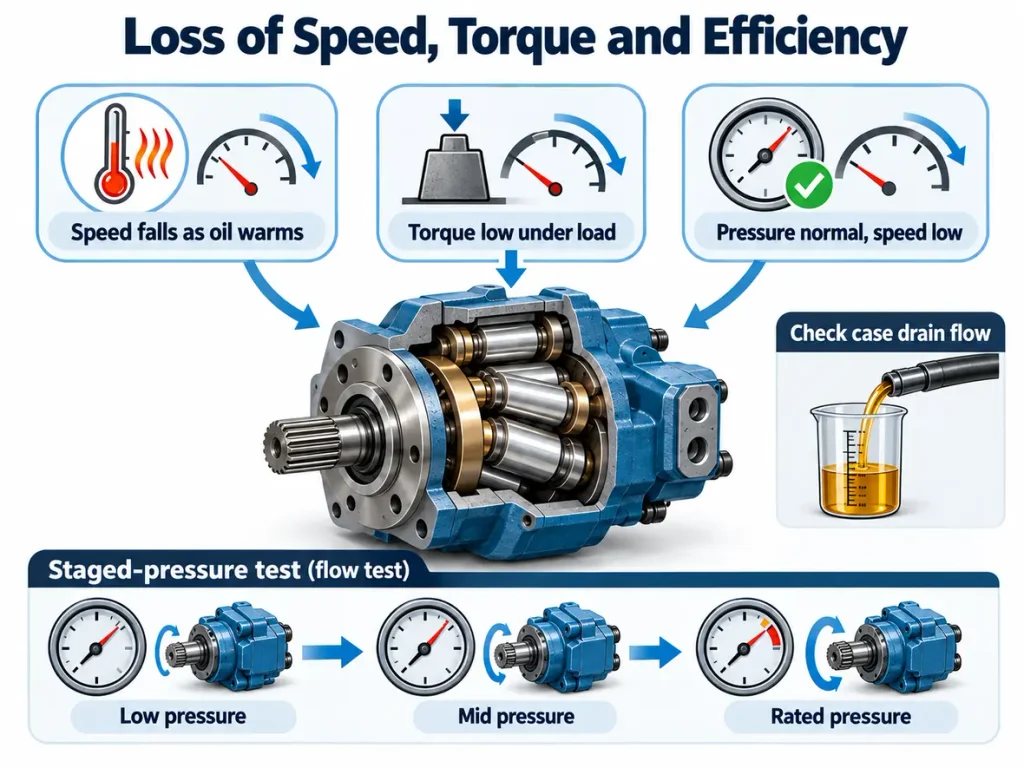 Loss of speed torque and efficiency test diagram for a hydraulic piston motor