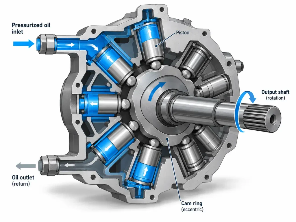 Radial piston motor working principle cutaway diagram
