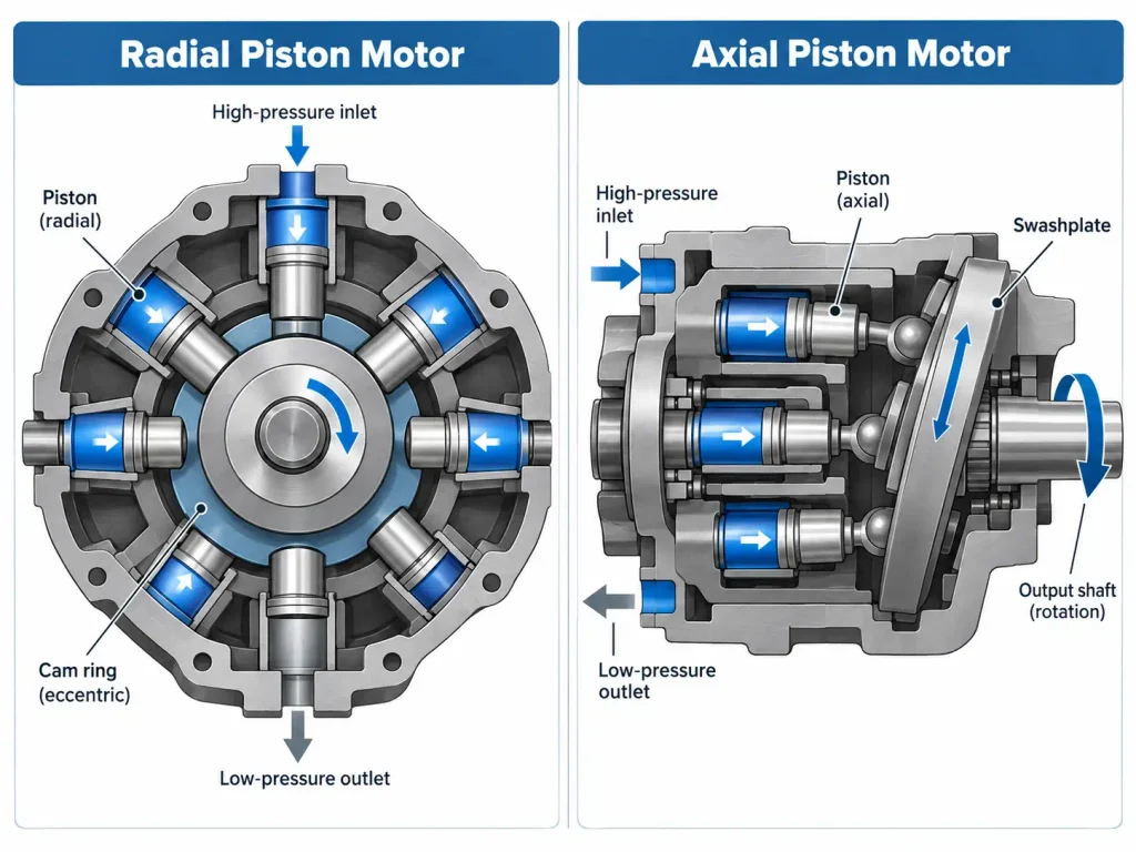 Radial piston motor versus axial piston motor comparison diagram