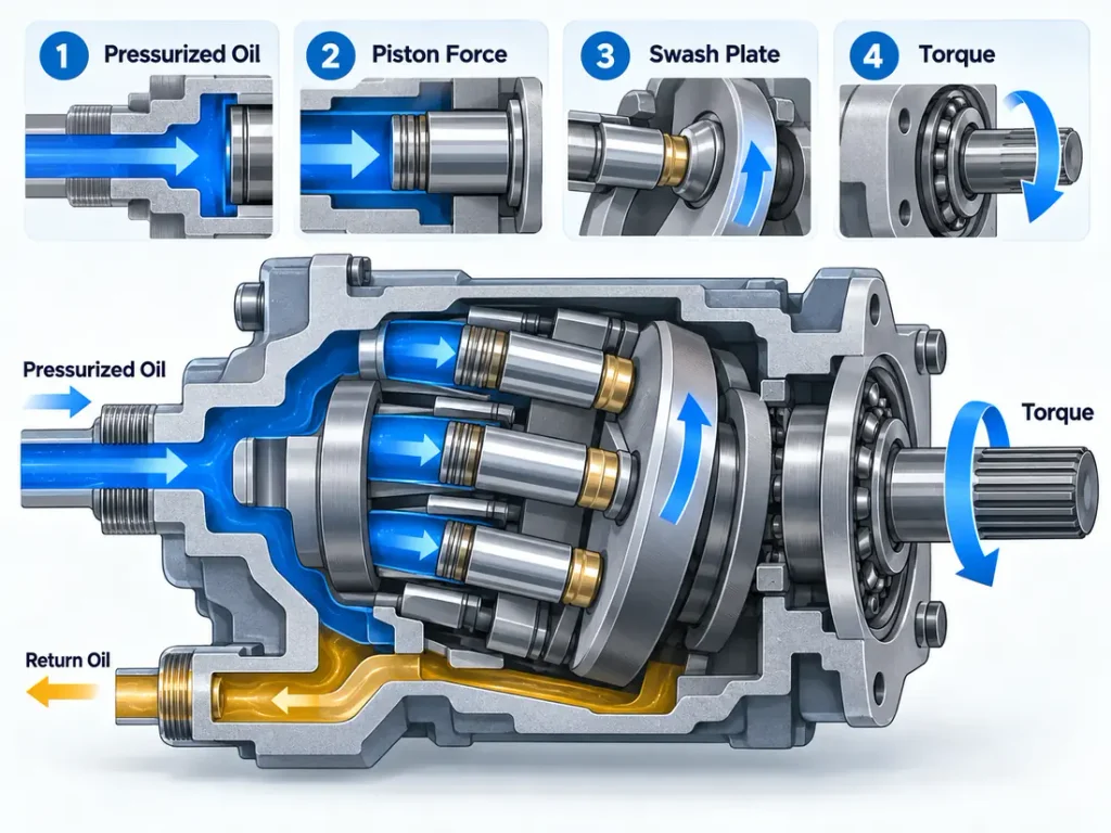 Hydraulic piston motor pressure to torque conversion diagram