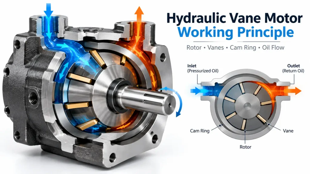 Hydraulic vane motor working principle showing rotor vanes cam ring and oil flow direction