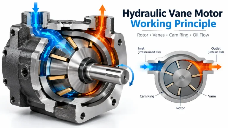 Hydraulic vane motor working principle showing rotor vanes cam ring and oil flow direction