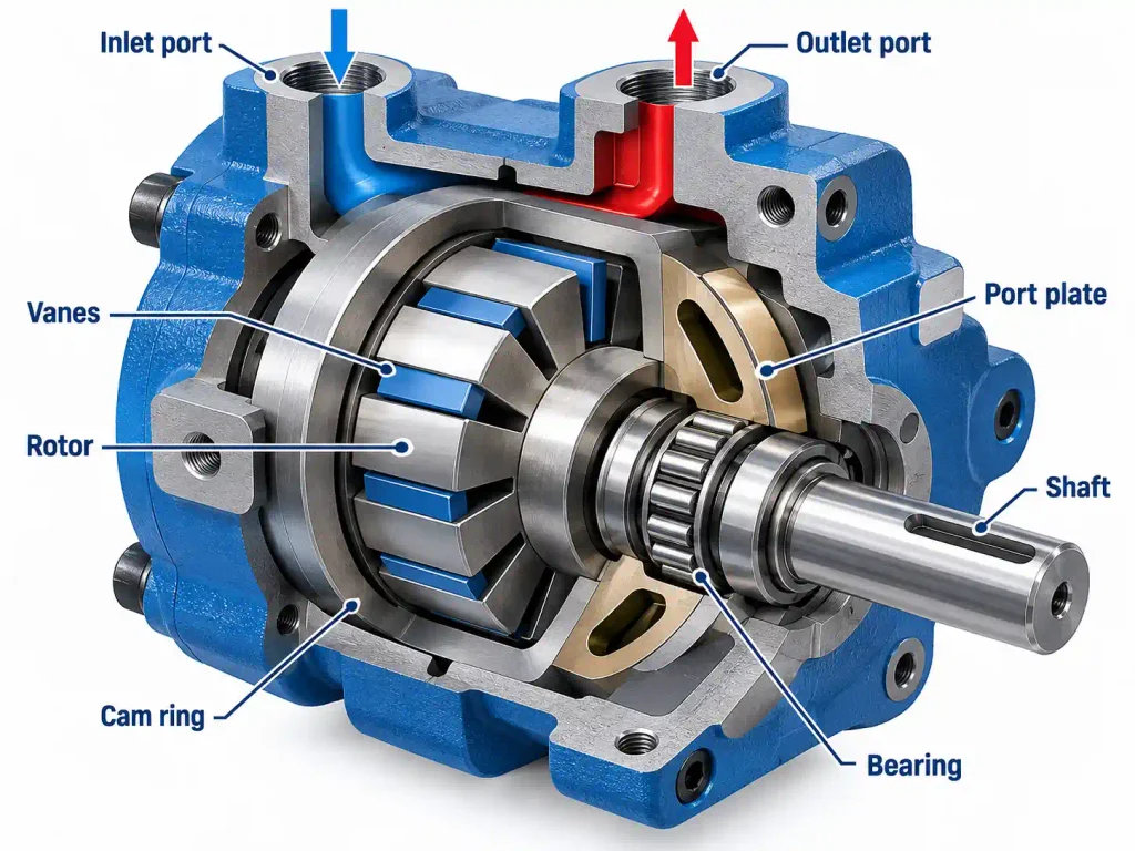 Cross-section of a hydraulic vane motor showing rotor, vanes, cam ring, port plate, shaft and bearing
