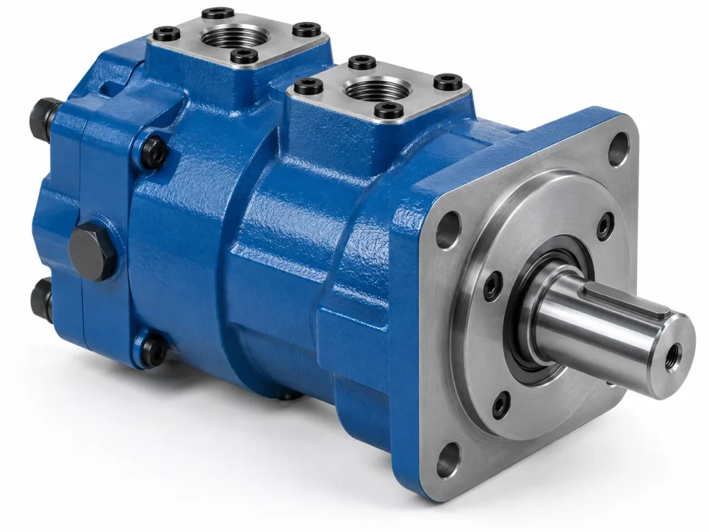Hydraulic vane motor with industrial housing, flange and output shaft.