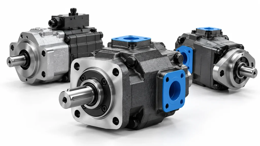 Industrial hydraulic pumps with metal housings and drive shafts on a white background