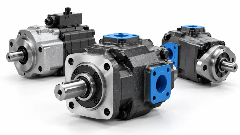 Industrial hydraulic pumps with metal housings and drive shafts on a white background