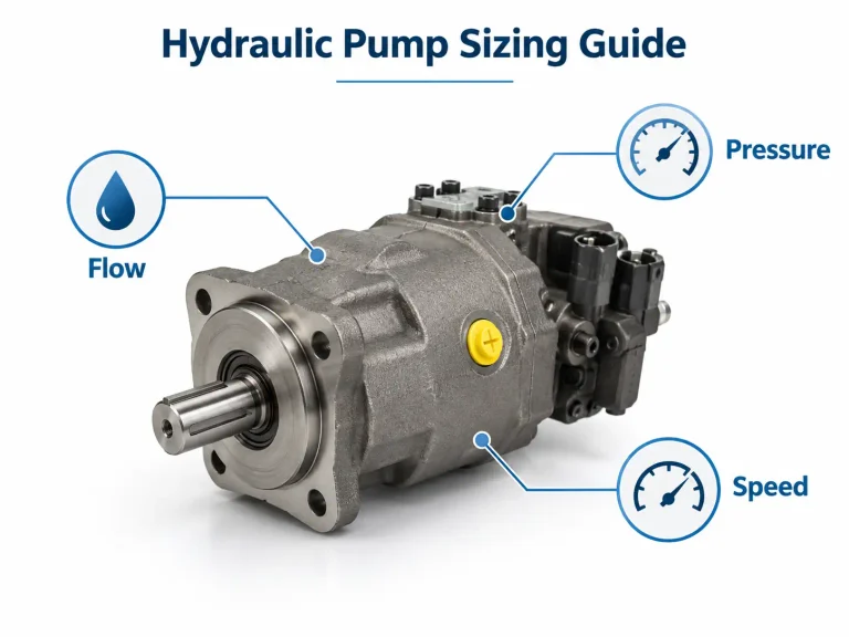 Hydraulic pump sizing based on flow pressure and speed requirements