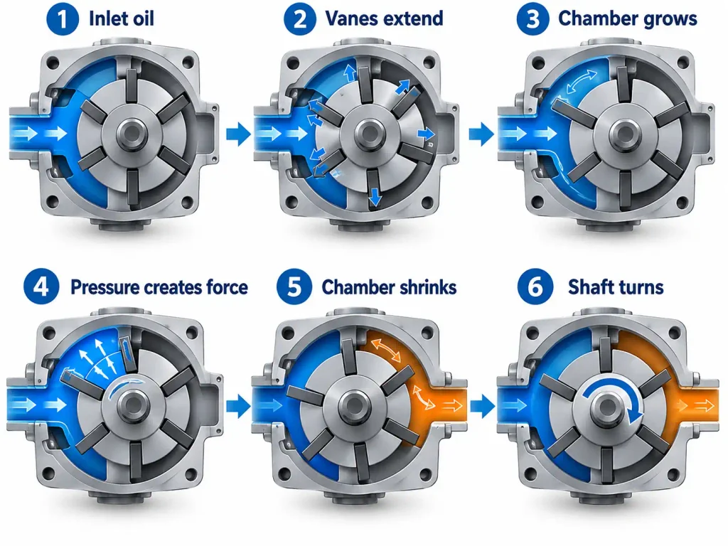 Six-step working principle diagram of a hydraulic vane motor from inlet oil to shaft rotation