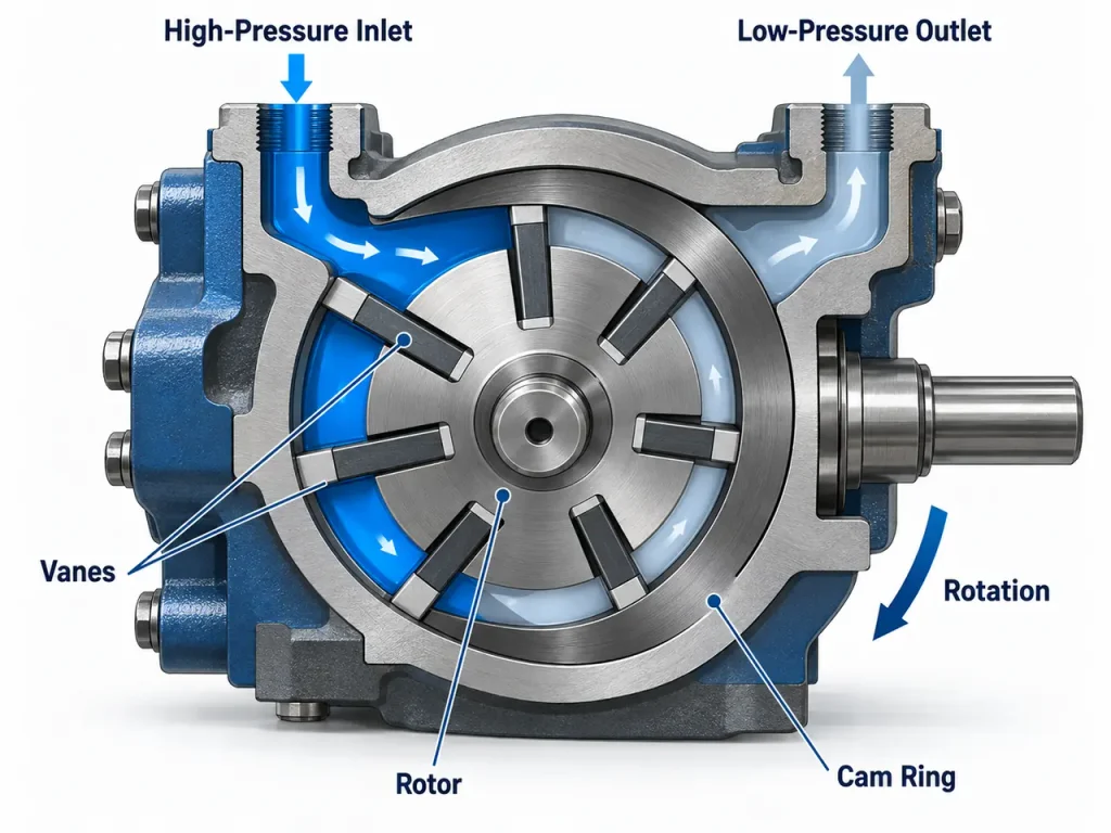 Cross-section diagram of a hydraulic vane motor showing rotor, vanes, cam ring and oil flow.