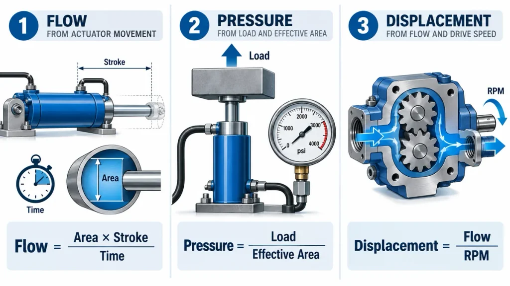 Hydraulic gear pump sizing calculation showing flow pressure and displacement
