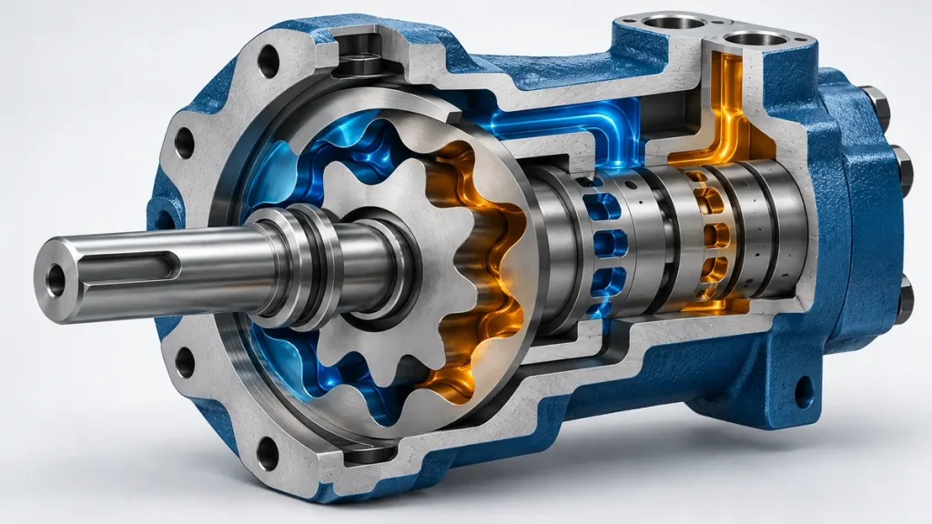 Cutaway view of an orbital hydraulic motor showing the gerotor set and internal oil chambers