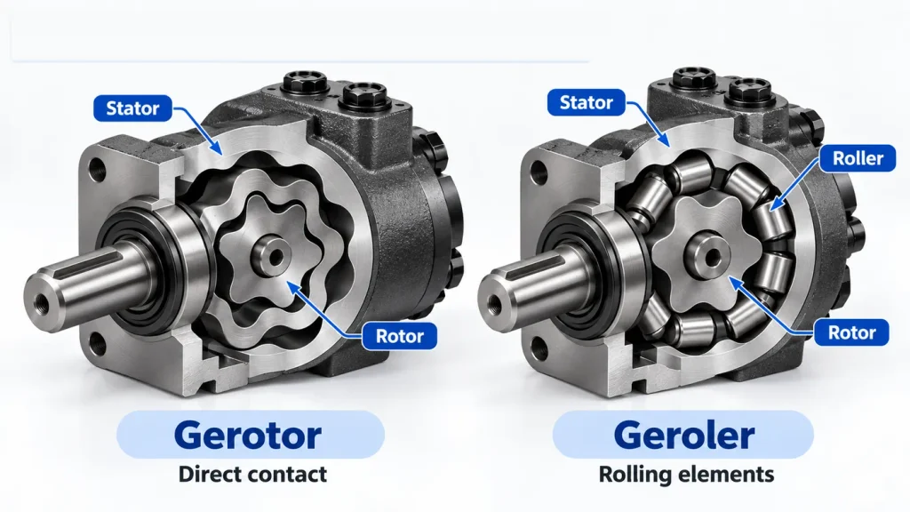 Gerotor versus geroler orbital hydraulic motor internal structure comparison