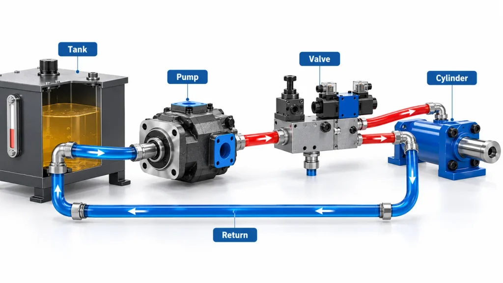 Three-dimensional illustration of a hydraulic reservoir pump valve and cylinder flow path
