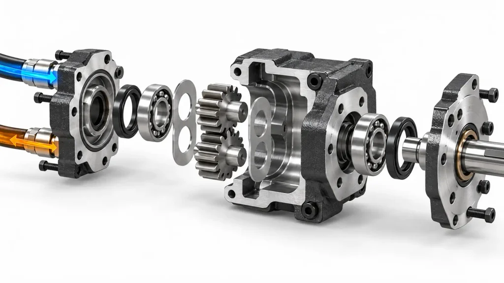 Exploded view of hydraulic gear motor components