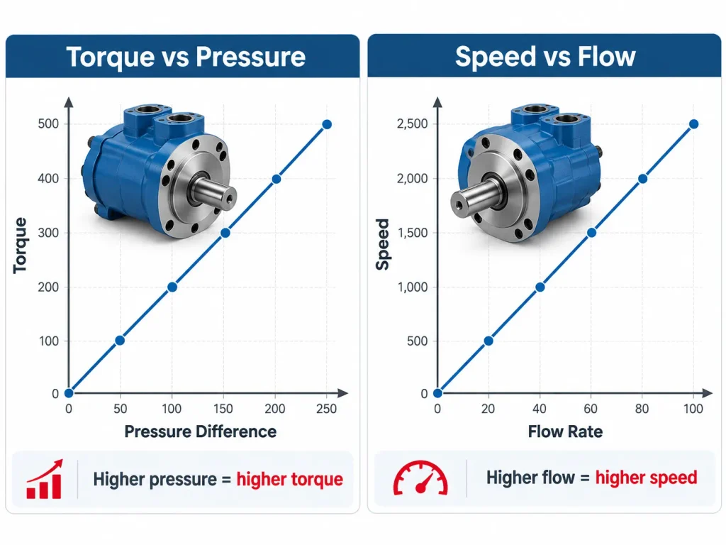 Chart showing torque increasing with pressure difference and speed increasing with flow rate in a hydraulic vane motor