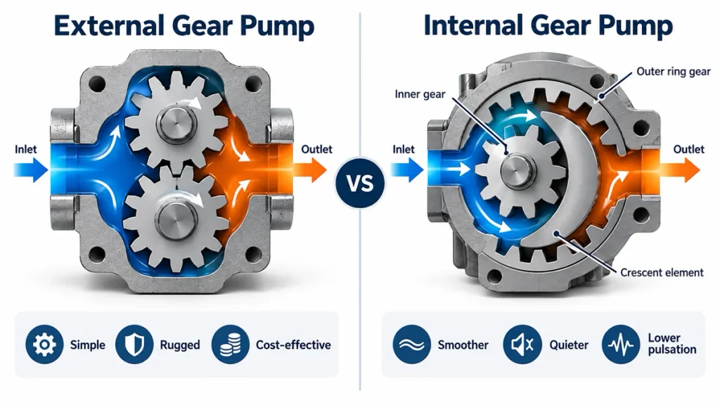 External and internal hydraulic gear pump structure comparison