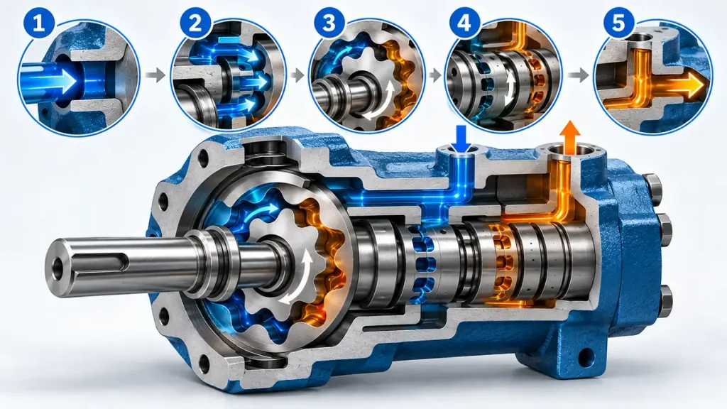 Five-stage overview of how an orbital hydraulic motor converts hydraulic flow into shaft rotation