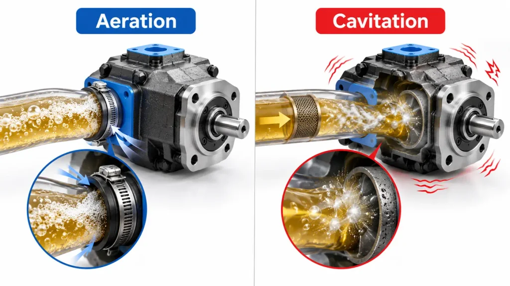 Comparison of hydraulic pump aeration and cavitation with suction hose and oil bubbles
