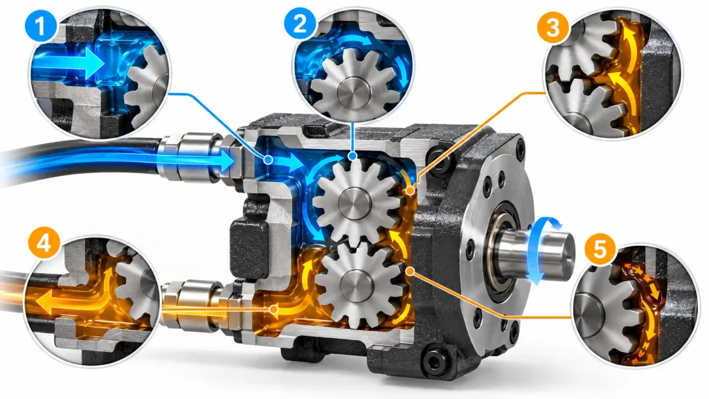 Five stages of oil flow in one revolution of a hydraulic gear motor