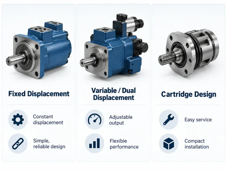 Comparison chart of fixed displacement, variable displacement and cartridge hydraulic vane motor designs.
