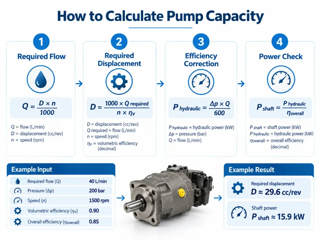 Infographic explaining hydraulic pump sizing calculations with formulas and an example.