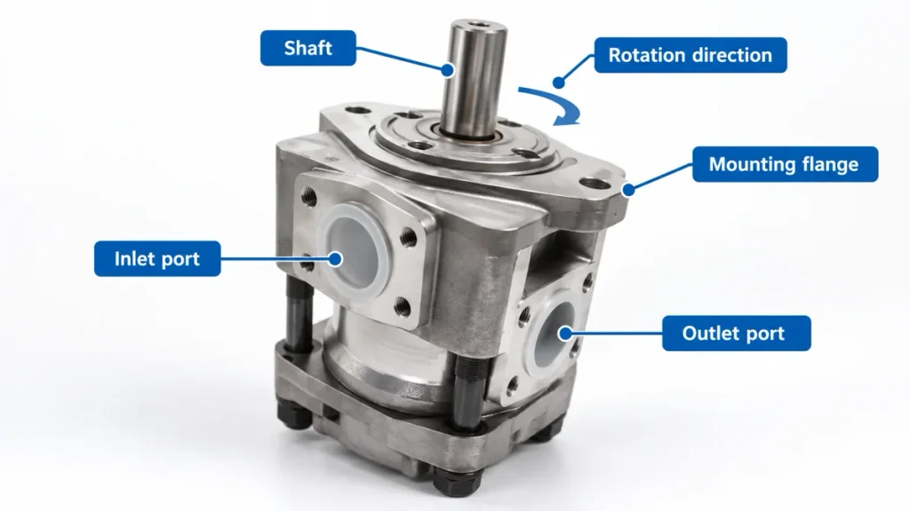 Hydraulic gear pump with shaft flange and port identification