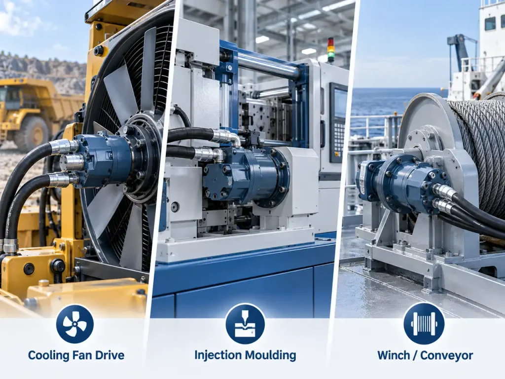 Typical applications of hydraulic vane motors in cooling fan drives, injection moulding and winch or conveyor systems.