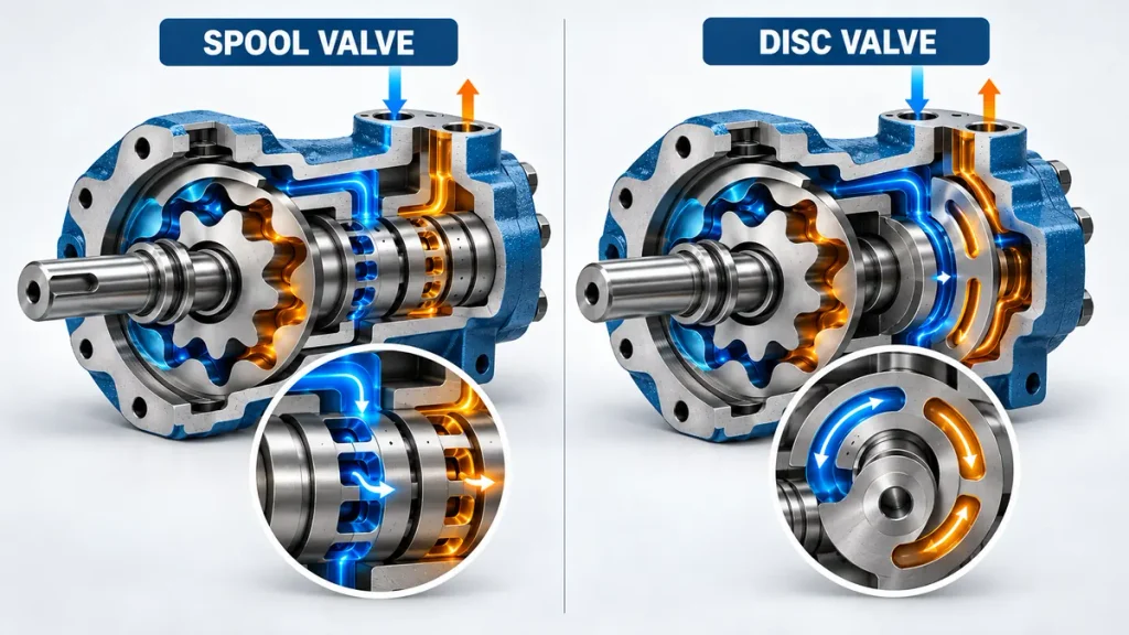 Comparison of spool valve and disc valve designs in orbital hydraulic motors