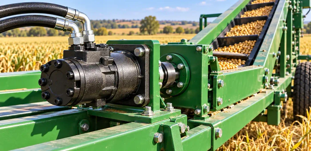  Hydraulic motor installed on agricultural grain handling conveyor machinery