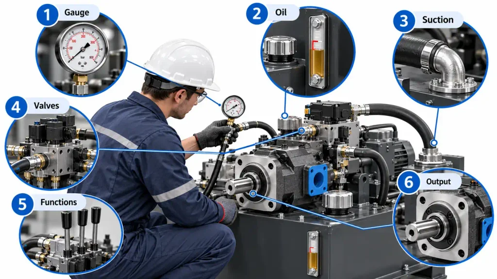 Technician troubleshooting low hydraulic pressure with six checks on a hydraulic pump system