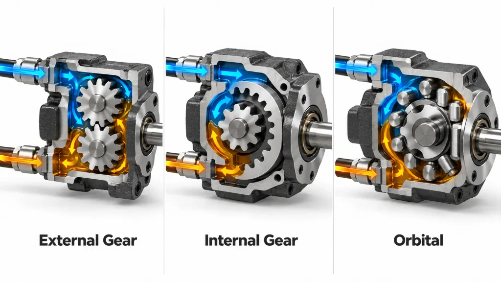 Comparison of external gear, internal gear, and orbital hydraulic motor types