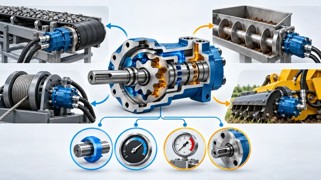 Orbital hydraulic motor applications in conveyors, augers, winches, and agricultural machinery