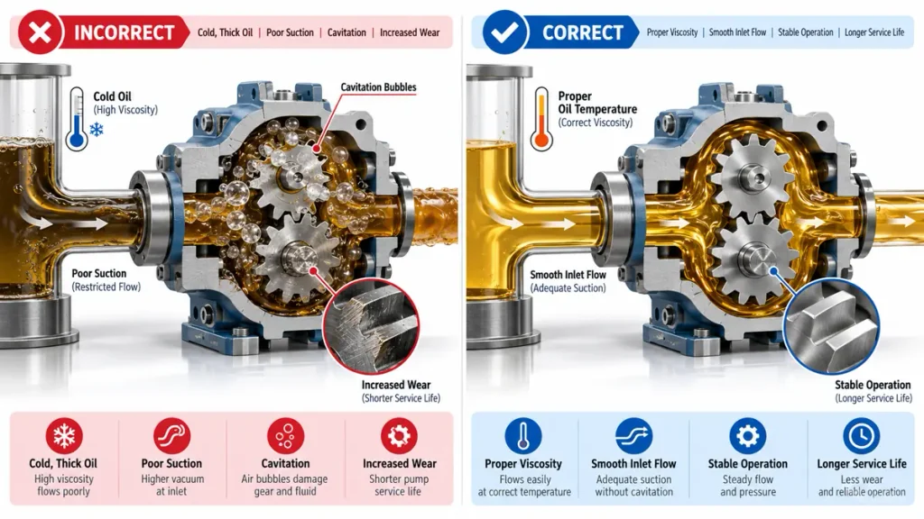 Hydraulic gear pump oil viscosity and suction condition comparison